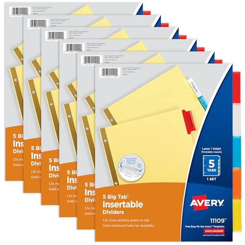 Classic Avery Binder Dividers - 5-Tab Insertable Multicolor Big Set